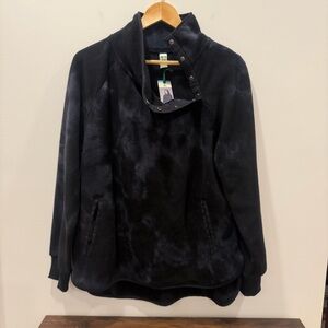 GreenTea large Black Gray fleece Jacket sweatshirt pockets cozy side neck button